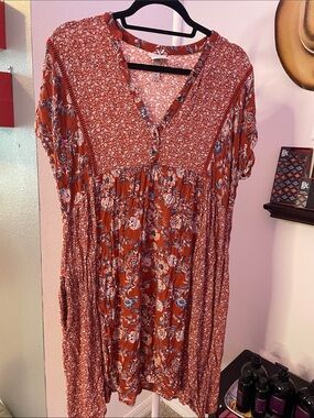 Knox Rose Rust Floral Midi Dress with Blue and Cream Accents